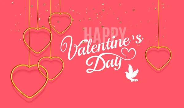 Happy Valentijnsdag banner of poster met belettering tekst of reclame aankondiging met gouden metalen frame harten en confetti geïsoleerd in roze achtergrond. Vectorillustratie — Stockvector