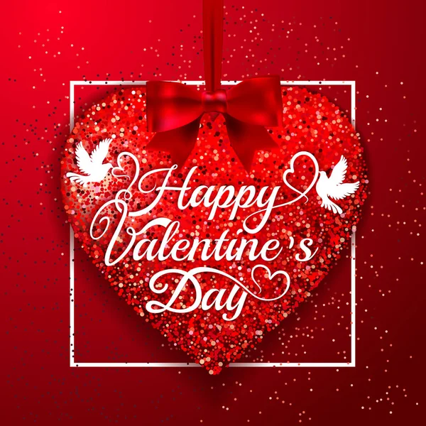 Gelukkige Valentijnsdag romantische design elementen. Wees mijn Valentijn. Liefde. Roze achtergrond Met glitter hartjes ornamenten en belettering in wit frame. Vector illustratie uitnodiging, begroeting, flyer. — Stockvector