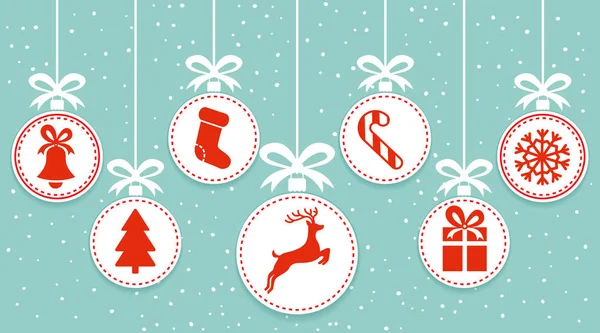 Векторная иллюстрация рождественского белого шара с новогодними иконами на синем фоне с снегопадом. Винтажная векторная рождественская открытка. Бесшовный рисунок с рождественскими шариками . — стоковый вектор