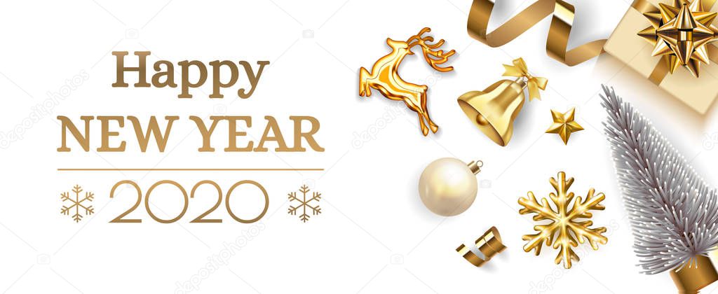 Happy New Year 2020 banner. Merry Xmas design with gold gift box, snowflakes, Christmas fir tree, golden deer. Horizontal poster, greeting card, header for website. Top view christmas elements vector