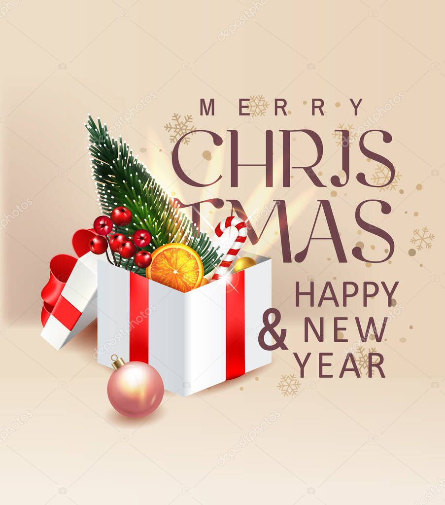 Merry Christmas and Happy New Year vertical poster with Open gift box and with red bow and ribbon full of surprise Christmas decoration, fir tree, orange, Christmas ball inside vector design element