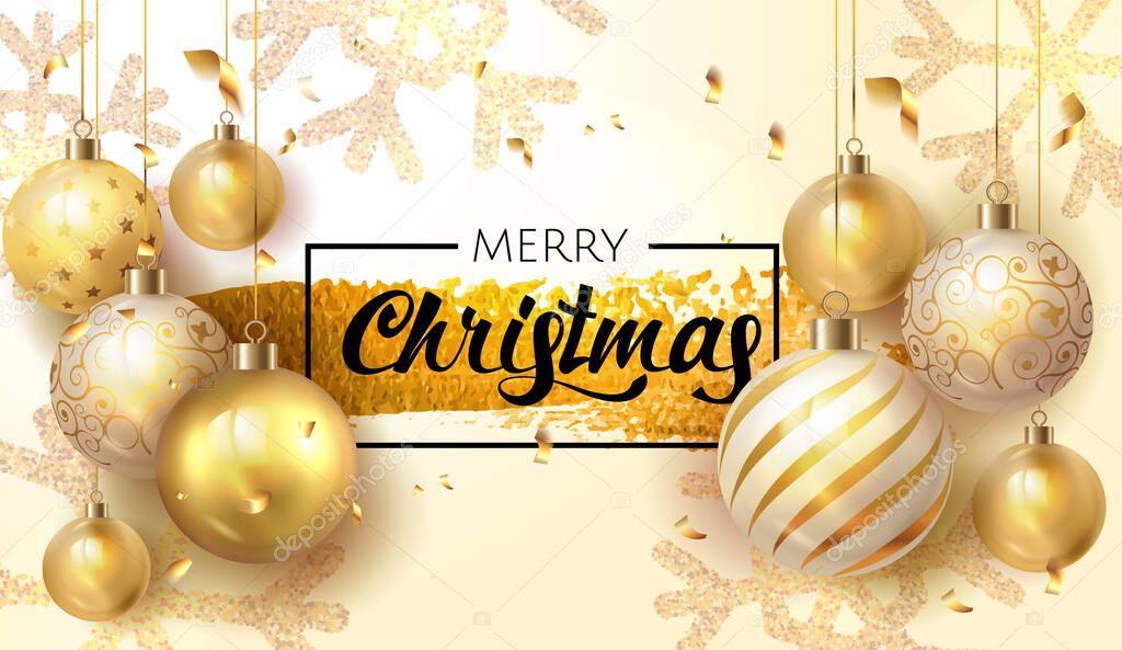 Golden Christmas background, with gold and white christmas balls hangingin light rich background with glitter snowflakes. Merry Christmas Poster with golden christmas decoration elements. Vector 