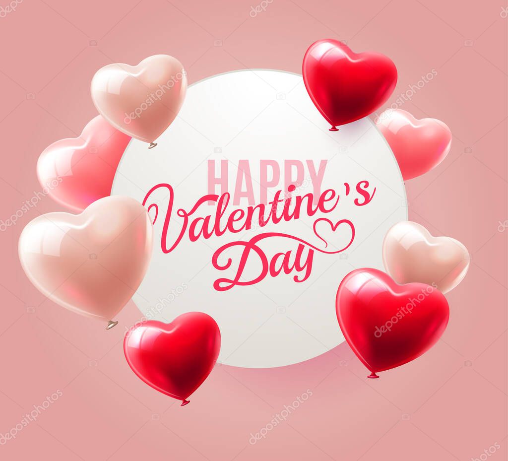 Happy Valentines Day background design with realistic heart shaped balloons and white frame. Greeting card, Valentine's day sale offer, invitation or banner template. Shop market poster design. Vector