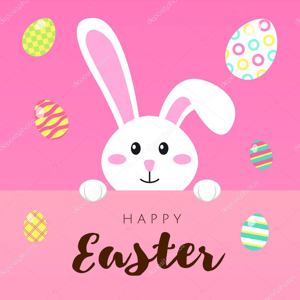 Greeting card with white Easter rabbit and colored eggs. Funny bunny in flat style. Easter Bunny. Egg hunt. Happy easter lettering card with cute rabbit children vector illustration.