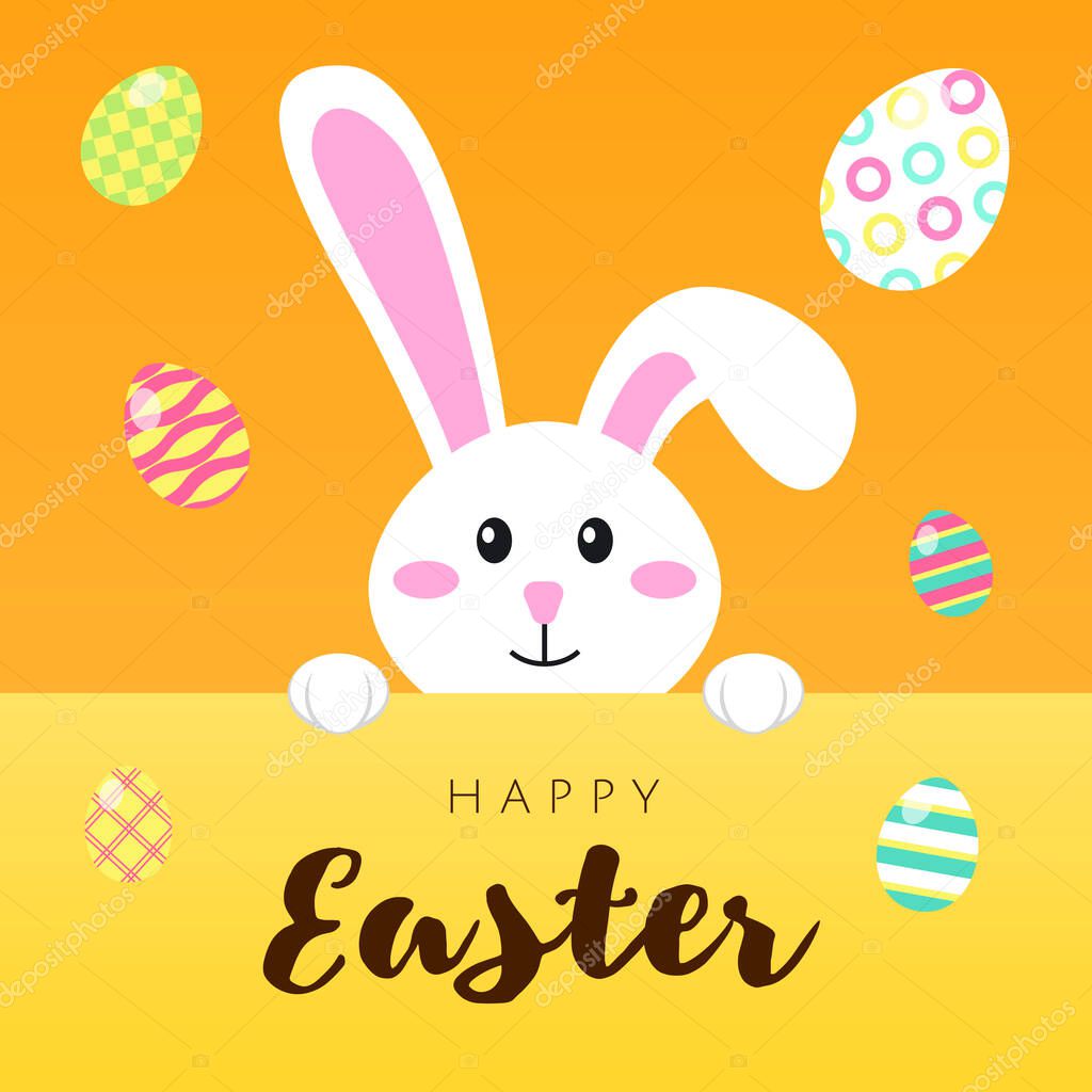 Greeting card with white Easter rabbit and colored eggs. Funny bunny in flat style. Easter Bunny. Egg hunt. Happy easter lettering card with cute rabbit children vector illustration.