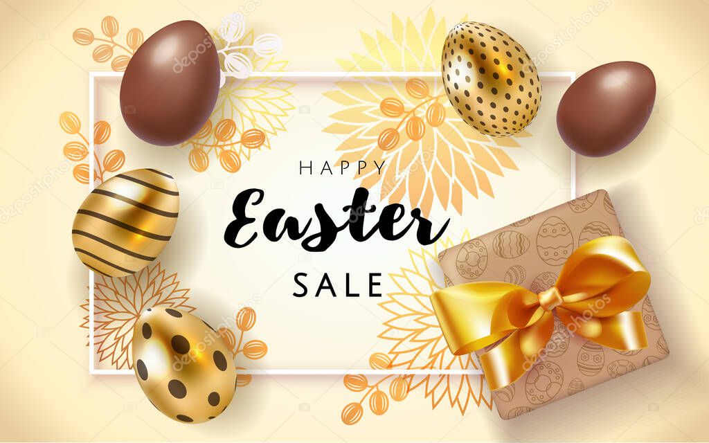 Happy Easter sale poster background with realistic golden and chocolate decorated eggs and flower pattern with gift box. Greeting card trendy design. Invitation template Vector illustration 