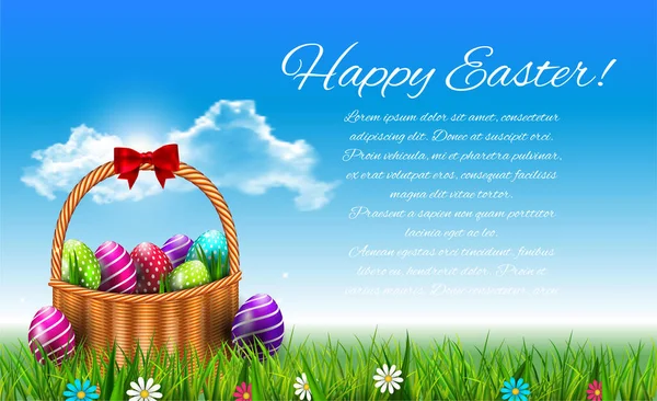 Mutlu Paskalya bayrağınız kutlu olsun. Vector Illustration Paskalya tebrik kartı. Çayırda renkli yumurtalarla dolu Paskalya sepeti.. — Stok Vektör