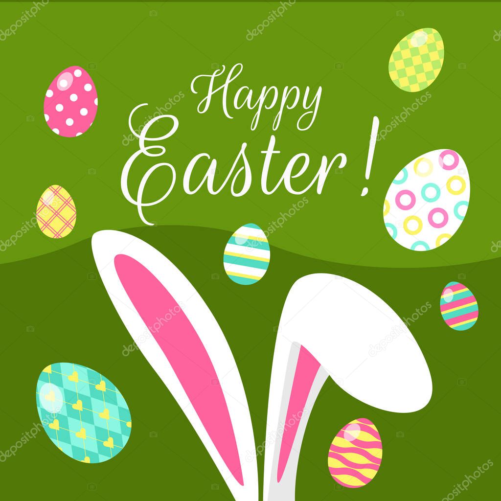 Vector illustration of Easter bunny ears and colored eggs greeting card on green background. Happy Easter lettering.