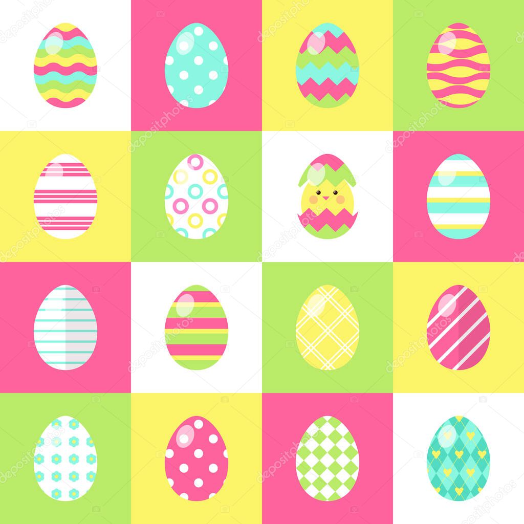 Set of Easter eggs with Stripes, Polka Dot and Chevron Patterns in Pink, Yellow, Blue, Green and White. Perfect for greeting cards, invitations. Vector illustration in flat design