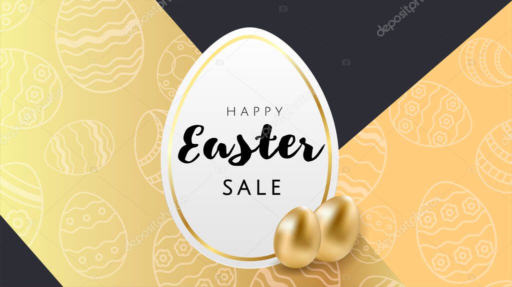 Happy Easter luxury banner background template with beautiful golden eggs on black and gold geometric background. Happy Easter greeting card. Vector illustration
