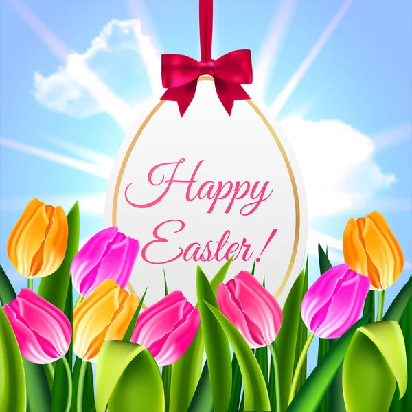 Feliz Pascua Tulipanes Huevo Texto Primavera Azul Cielo Fondo Vector — Vector de stock