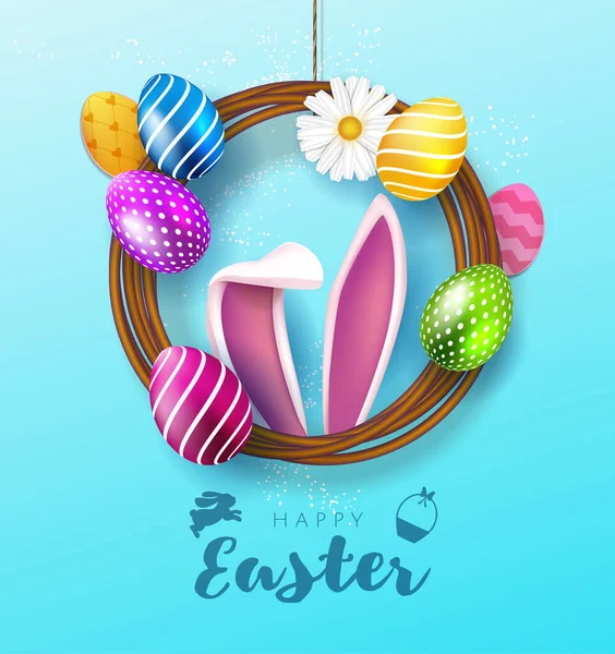 Happy Easter Plakat Lub Sztandar Szablon Pisanek Wieńcu Uszy Królika — Wektor stockowy