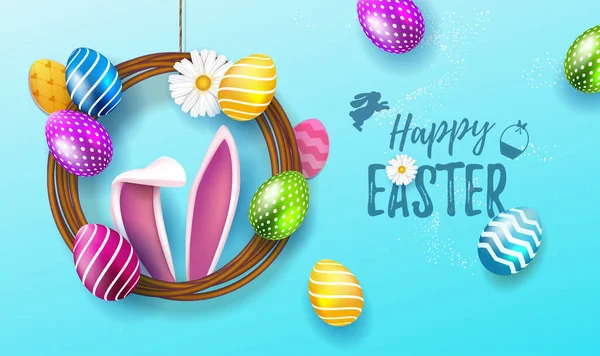 Happy Easter Plakat Lub Sztandar Szablon Pisanek Wieńcu Uszy Królika — Wektor stockowy