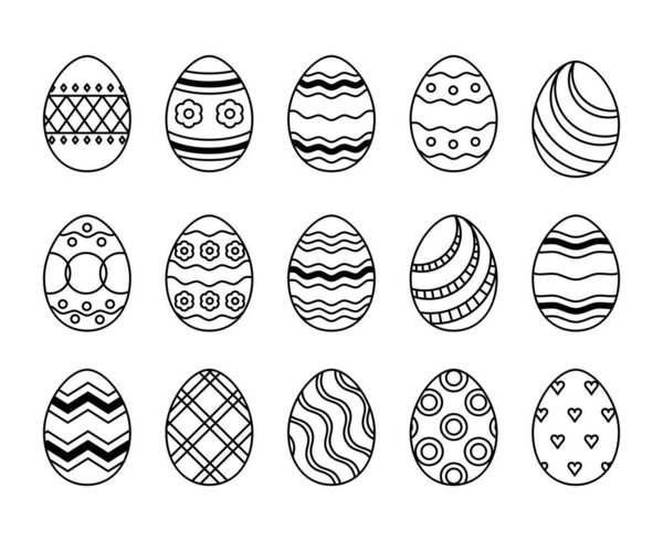 Векторные иконки пасхальных яиц с орнаментом, выполненным из зубчатых линий. Варианты узоров на яйцах: волна, цветок, бриллиант, круг, завиток, сапфир
.
