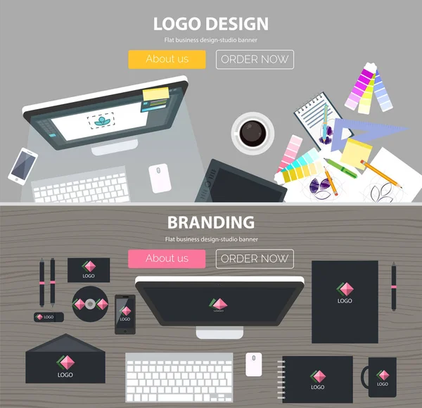 Branding Design Logo Piatto Illustrazione Concetti Impostati Vista Dall Alto — Vettoriale Stock