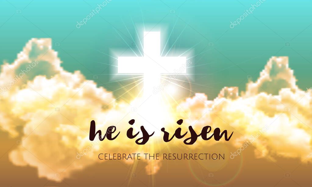 He is risen. Easter banner background with clouds, divine sunlight , crucifixion, cross and sun rise. Vector illustration 