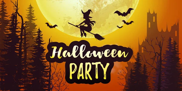 Banner Cartaz Festa Halloween Com Grande Lua Cheia Floresta Escura — Vetor de Stock