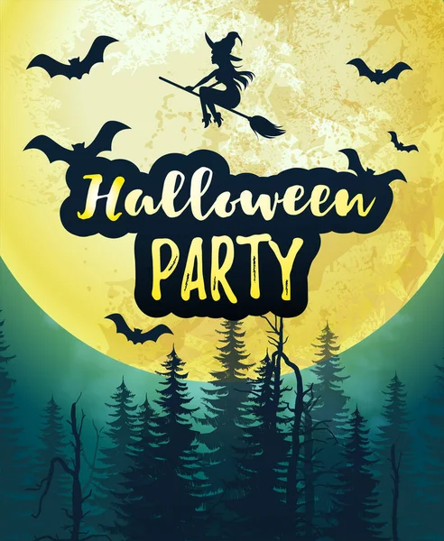 Banner Cartaz Festa Halloween Com Grande Lua Cheia Floresta Escura — Vetor de Stock