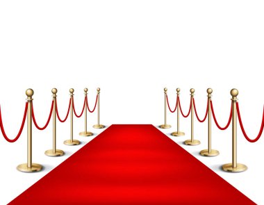 Vector illustration Red event carpet and golden barriers Realistic illustration in white background. Red carpet event design element. clipart