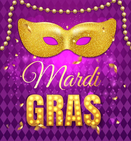 Máscara Purpurina Dorada Para Carnaval Del Martes Mardi Gras Sobre — Vector de stock