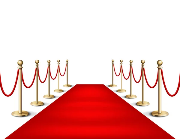 Vector Illustration Red Event Carpet Golden Barriers Realistic Illustration White — Stock Vector