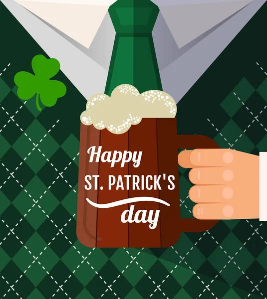 Happy Saint Patrick Day Kobold Mann Mit Bierkrug Glückwunsch Und — Stockvektor