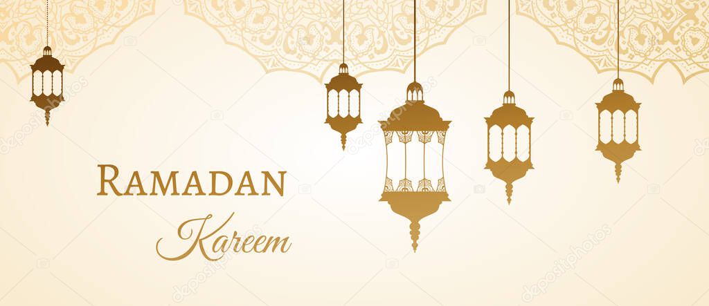 Ramadan Kareem gold greeting background template arabic design patterns and lanterns, arabic lamp for promotion banner, ads, flyers, invitation, posters, brochure, discount, sale offers. Vector EPS 10