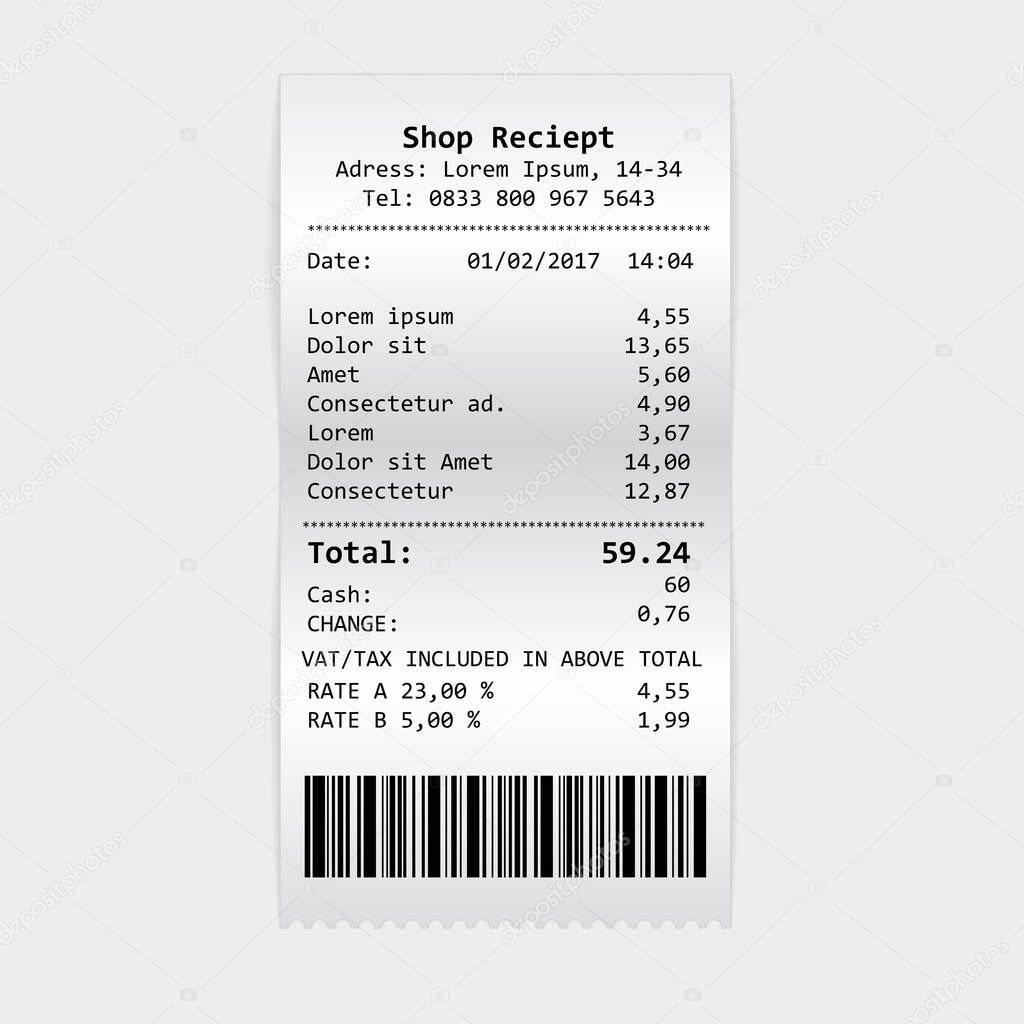 Vector paper print check, shop reciept or bill isolated on white background. Vector realistic atm check with tax vat illustration