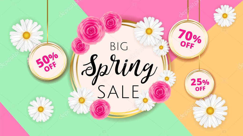 Big Spring sale banner template with camomiles and rose flower on geometric background and gold frame. Spring offer ads for e-commerce, on-line cosmetics shop, fashion beauty shop, store. Vector