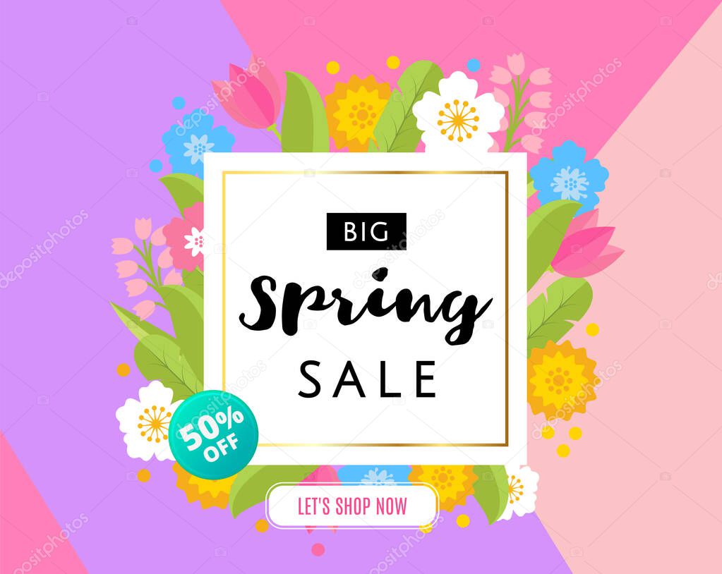 Big Spring Sale Banner with colorful flat flowers and gold frame on triangle background. 50 off, best price. Vector Illustration.