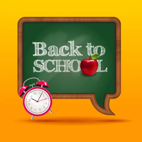 Welcome Back School Blackboard Speak Bubble Ribbon Red Apple Alarm — Stock Vector