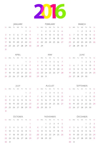 Календар 2016 Року Тиждень Починається Неділею Векторні — стоковий вектор