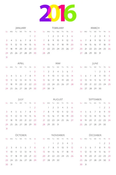 Kalender 2016 Week Begint Zondag Vector — Stockvector