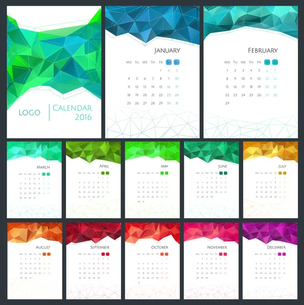 Calendar Geometric Triunghi Poligonal Pentru 2016 Fundal Alb Săptămâna Începe — Vector de stoc