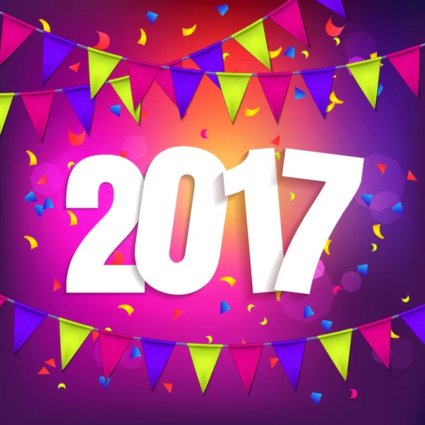 Новым 2017 Годом Фиолетовый Фон Разноцветными Флажками Гирляндами Конфетти Праздник — стоковый вектор