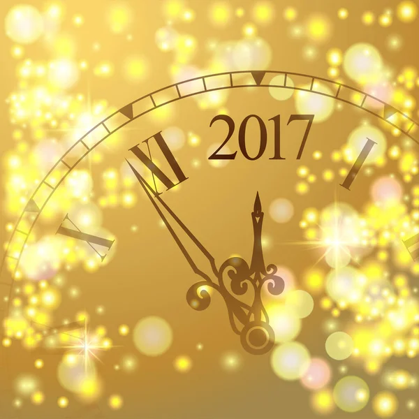 2017年新年金光闪闪背景与时钟 蓝色的带有手表和烟火的信号旗 矢量说明 — 图库矢量图片