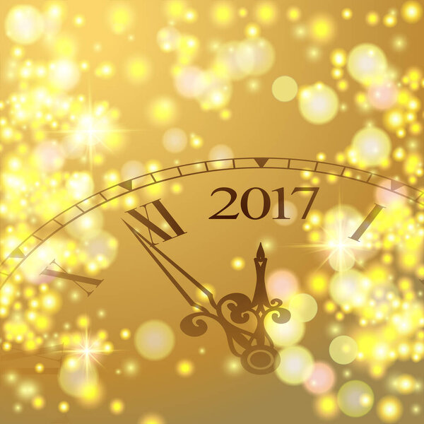 2017 New Year Gold shining background with clock. Blured colored flare banner with watch and fireworks. Vector illustration.