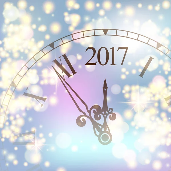 2017年新年色彩艳丽的背景与时钟 蓝色的带有手表和烟火的信号旗 矢量说明 — 图库矢量图片