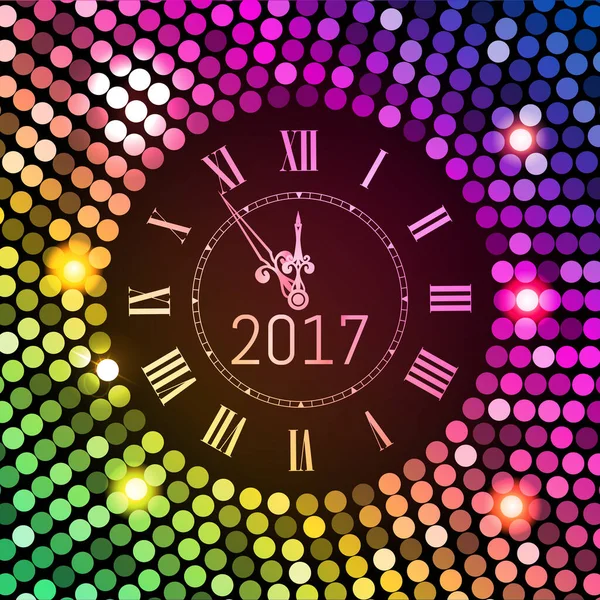 2017年新年庆祝活动背景 彩色圆形迪斯科背景与时钟编号2017 闪烁着梯度俱乐部的霓虹灯 祝新年快乐 高举节日的旗帜 Vectpr说明Eps — 图库矢量图片