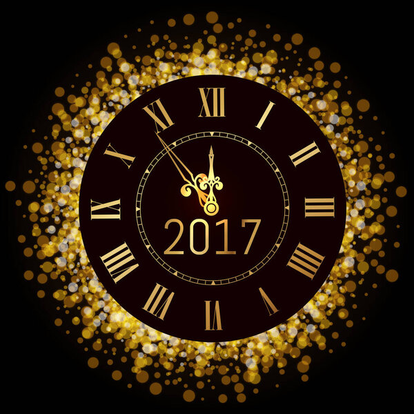 Vector 2017 shiny Merry Christmas and Happy new year 2017 gold clock with glitter frame. Vintage elegant luxury gold watch midnight New Year. Vector illustration EPS 10