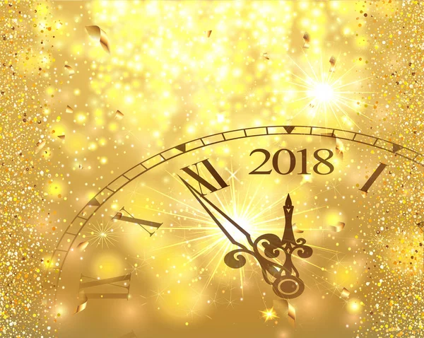 2018 Νέο Έτος Χρυσό Λαμπερό Φόντο Ρολόι Μπλε Σημαία Φωτοβολίδα — Διανυσματικό Αρχείο