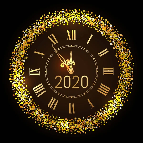 新年2020光沢のあるゴールドの時計や時計 真夜中に隔離された メリークリスマス クリスマス休暇だ 明るい光と黄金の輝きで背景を輝く デザインベクトルイラスト — ストックベクタ