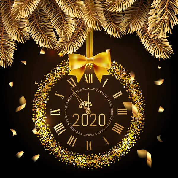 Vector 2020 Shiny New Year Golden Clock Watch Dark Brown — Stock Vector