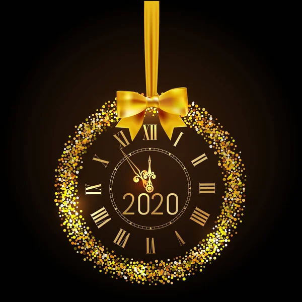 Vector 2020 Shiny New Year Golden Clock Watch Black Background — Stock Vector