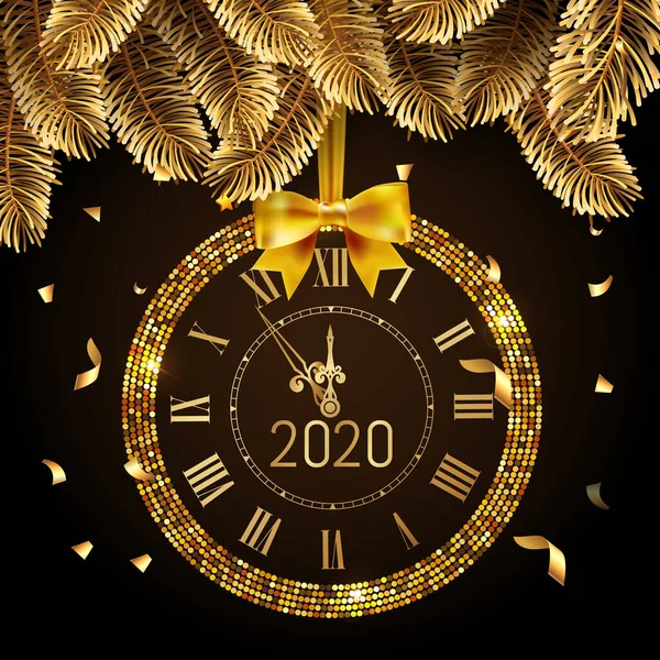 Vector 2020 Shiny New Year Golden Clock Watch Black Background — Stock Vector