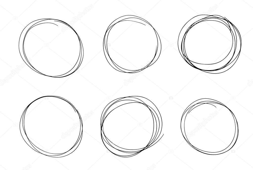 Hand drawn circle line sketch set. Vector circular pen round circles for message note mark design element. Pencil or pen bubble or ball hand draft illustration.