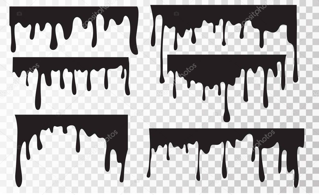 Set  Current black paint, stains.  Black oil liquid dripping.  Stain and blob of paint. Dripping liquid. Splatter and droplet of black liquid isolated in transparent background. Vector illustration