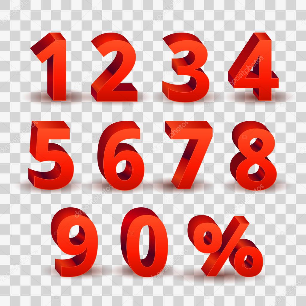 Set of bright red 3D style font numbers sign. 3D number  symbol with percent discount sale promotion design isolated in transparent background.