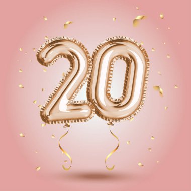 Elegant Pink Greeting celebration twenty years birthday Anniversary number 20 foil gold balloon. Happy birthday, congratulations poster. Golden numbers with sparkling golden confetti clipart