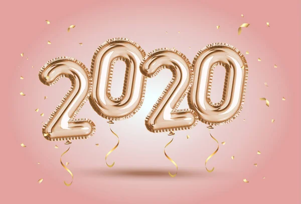 Happy New Year 2020 Gold Foil Balloons Numeral 2020 Confetti — Stock Vector